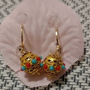 Intricate Gold Drop Earrings with Red and Turquoise Beads